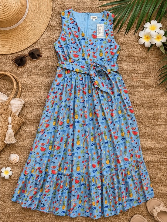 Tulip B Dresses & Skirts - NWT TulipB Blue Fruit Print Cotton Fit & Flare Dress Large Summer Tie Waist